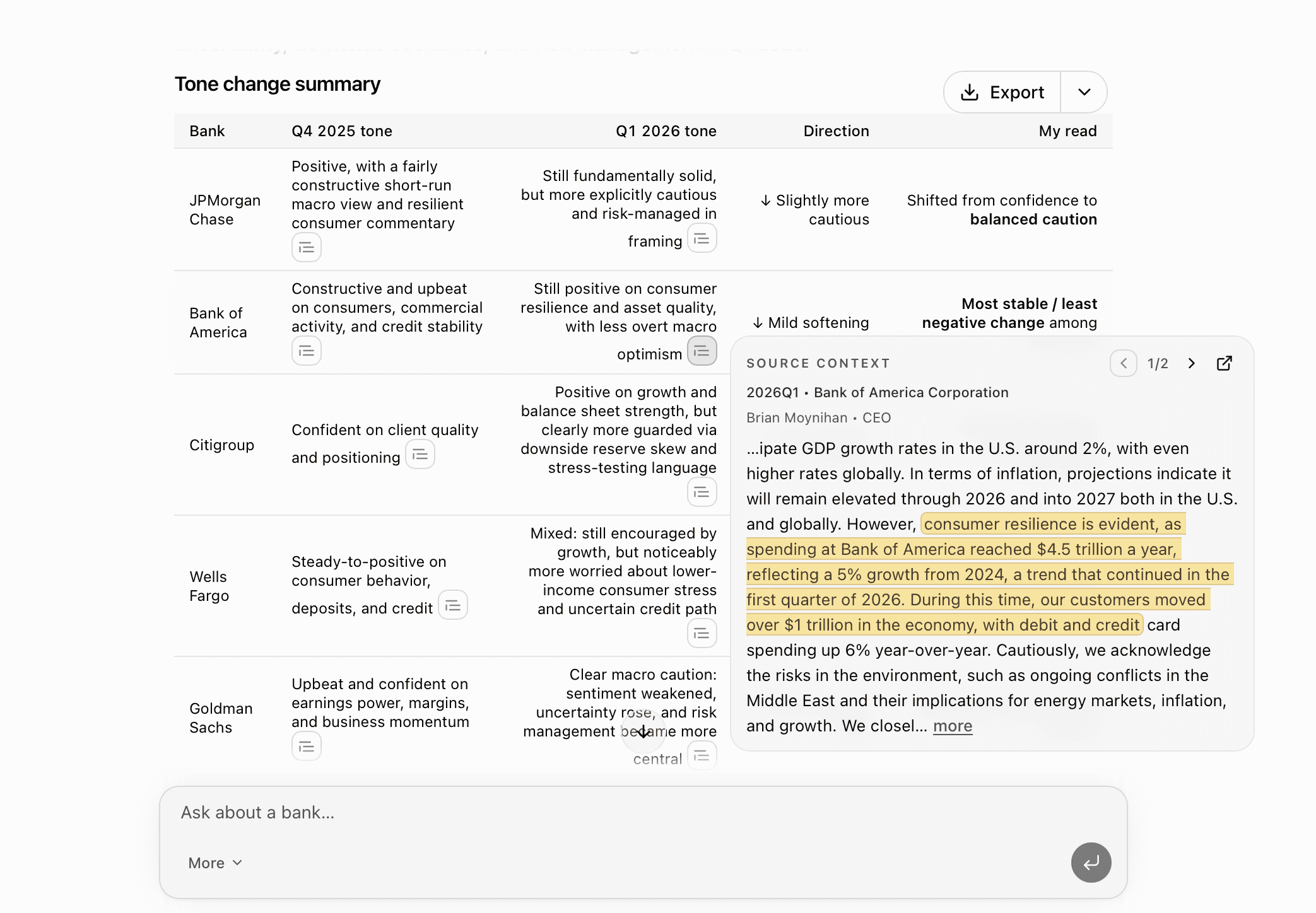 Jamie summarizing tone changes across bank earnings calls, with cited source context